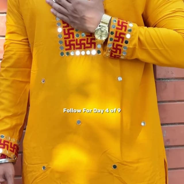 Bright yellow base with red and white accents Kurta