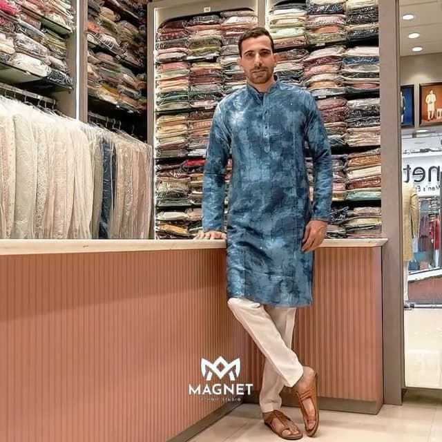 Blue (varying shades of azure and indigo) with white accents Kurta with Pajamas