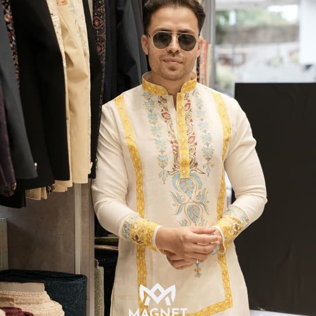 Off-white, Yellow, Light Blue, Multi-colored embroidery Kurta