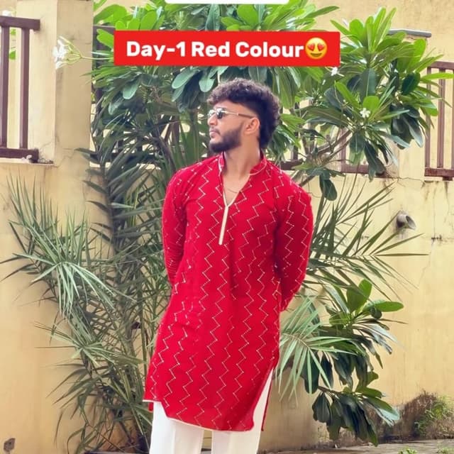 Red and White Kurta Set