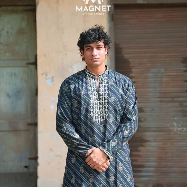 Deep Navy Blue, Gold, White Kurta