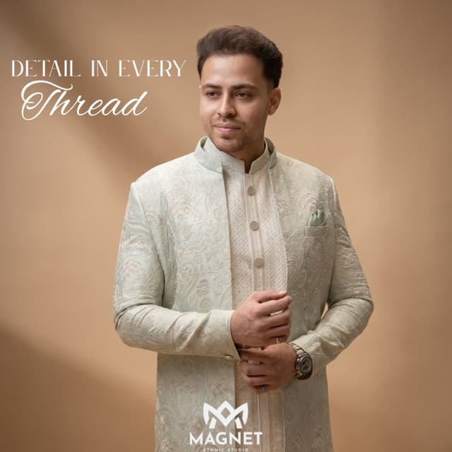 Sage green and cream/ivory Sherwani set