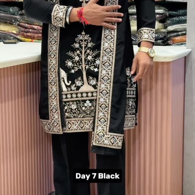 Black base with silver/off-white embroidery Kurta Set with Stole