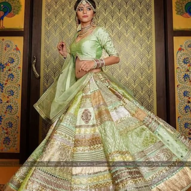 Sage Green, Gold, and Beige Lehenga Choli