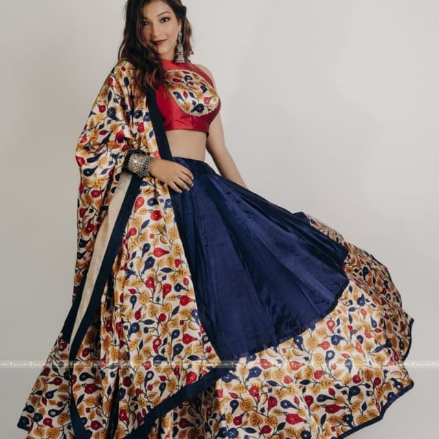 Red, Blue, Cream, Yellow, and Floral Print Lehenga Choli