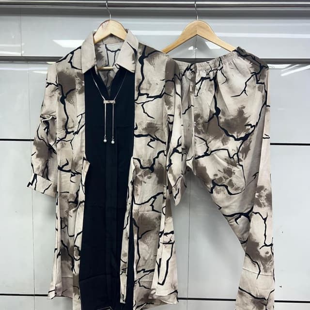Beige, Brown, Black Co-ord Set (Shirt and Trousers)