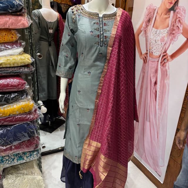 Gray, Maroon, Gold Kurta with Dupatta