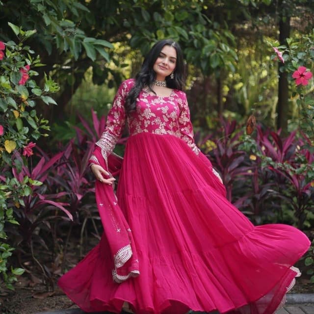Magenta and Gold Anarkali Dress