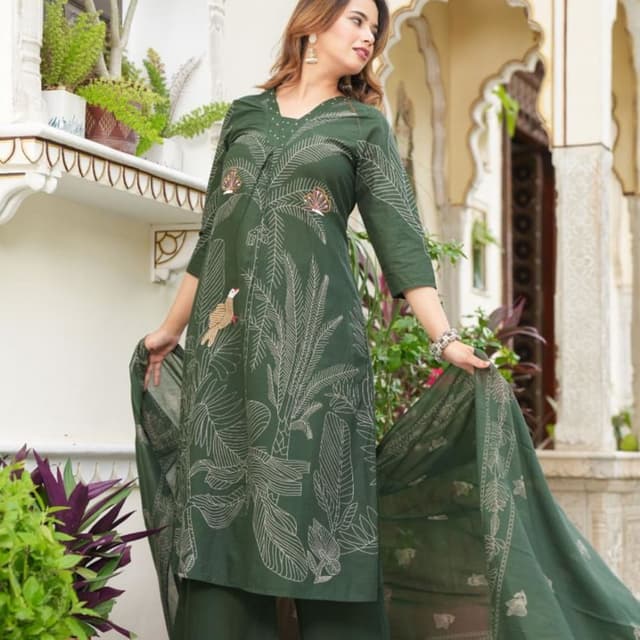 Dark Green with White Kurta with Pant and Dupatta