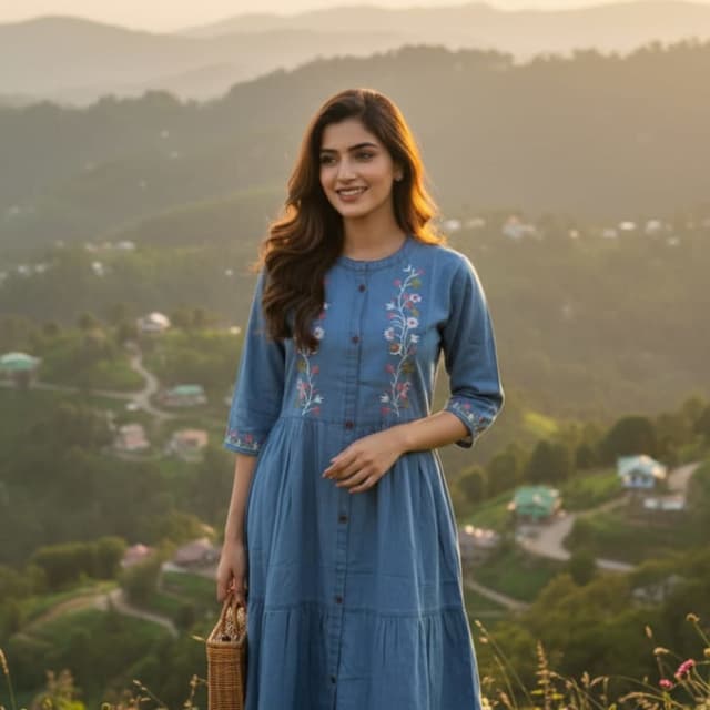 Blue with multicolor floral embroidery Dress