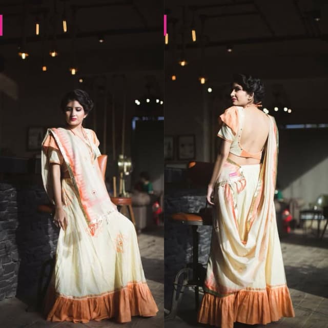 Cream, Peach, and Orange Saree
