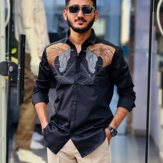 Black, Beige, Brown, Gray Shirt