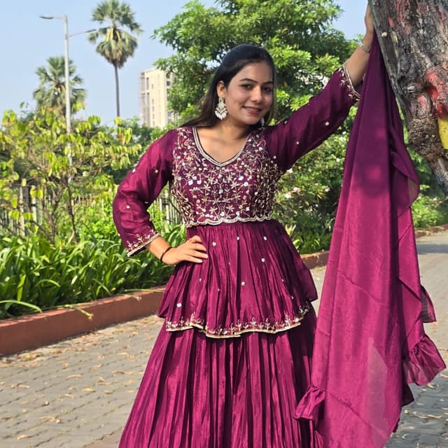 Deep Purple, Gold Anarkali Suit