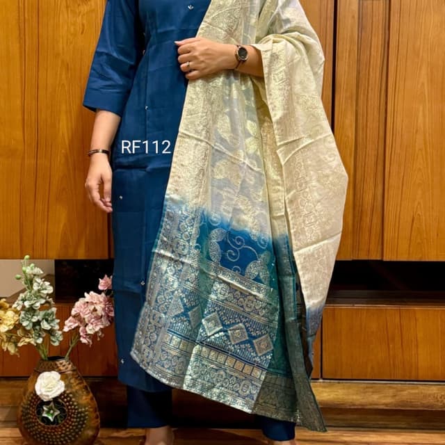 Teal, Gold, White Kurta with Dupatta and Pants