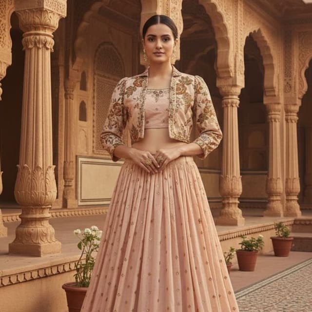 Peach, Beige, Brown, and hints of Green Lehenga Choli