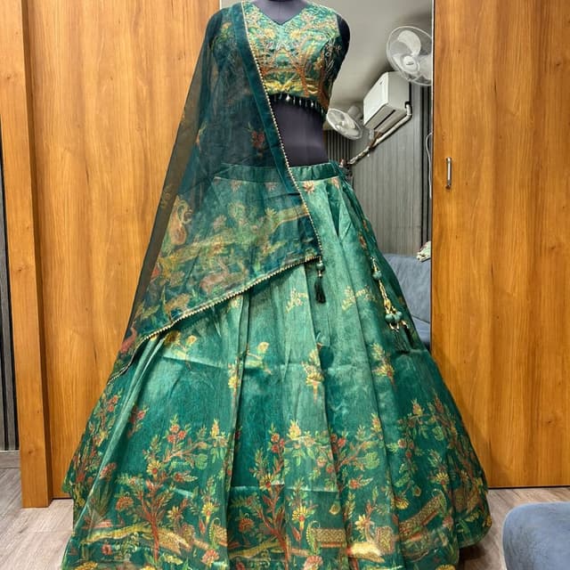 Emerald Green, Gold, Red, Yellow Lehenga Choli