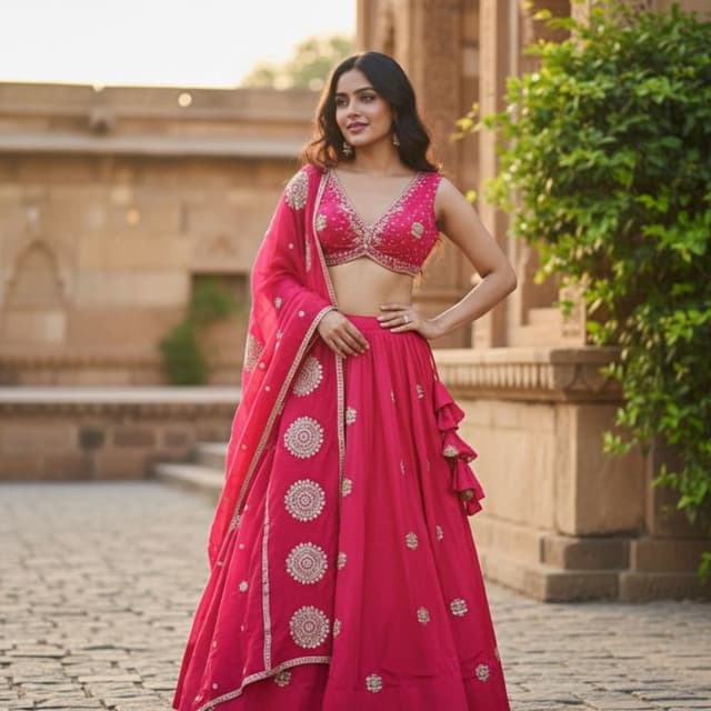 Magenta, Gold Lehenga Choli