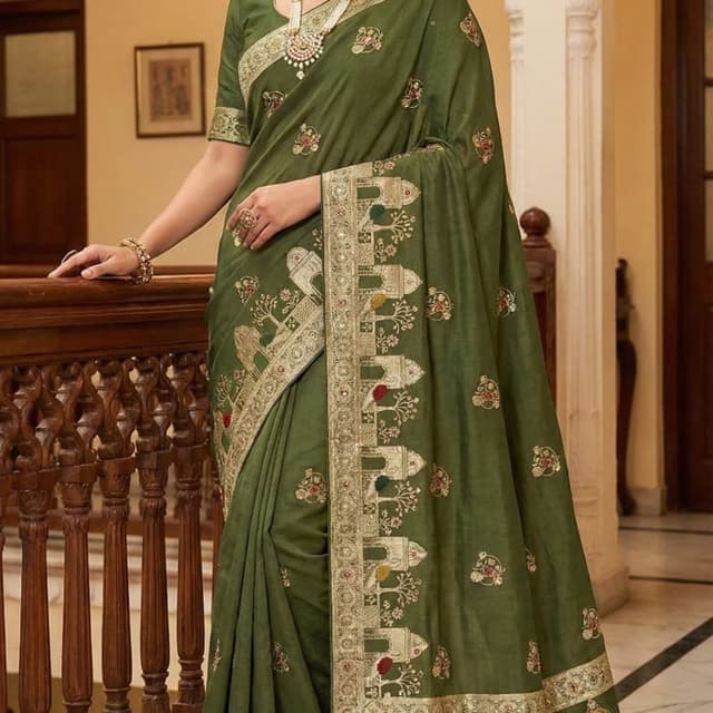 Olive Green, Gold, Red, Yellow Saree