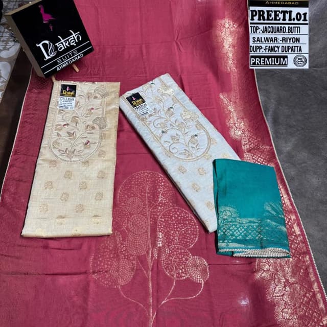 Cream, Maroon, Teal, Gold Unstitched Suit Set