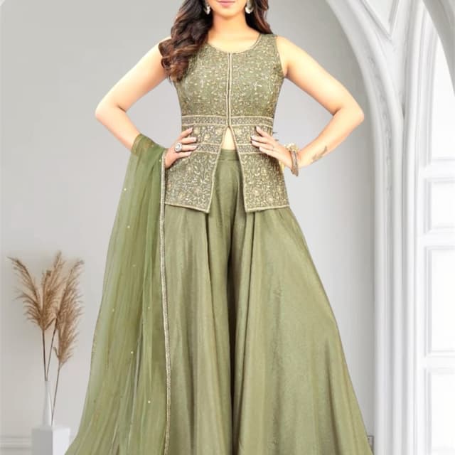 Olive Green and Gold Sharara Suit