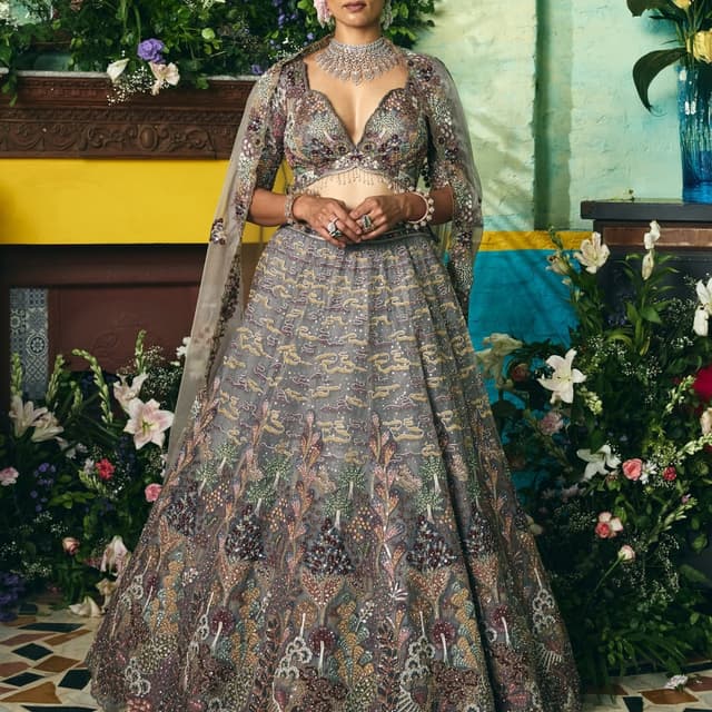 Gray, Gold, Brown, Pink, Green Lehenga Choli