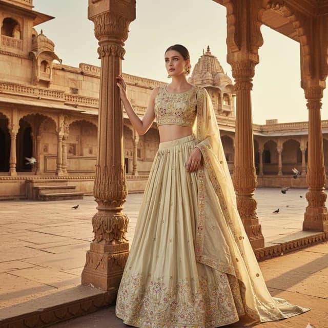 Beige, Gold, Red, and Pink Lehenga Choli