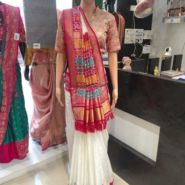 White, Pink, Orange, Teal, Gold Saree