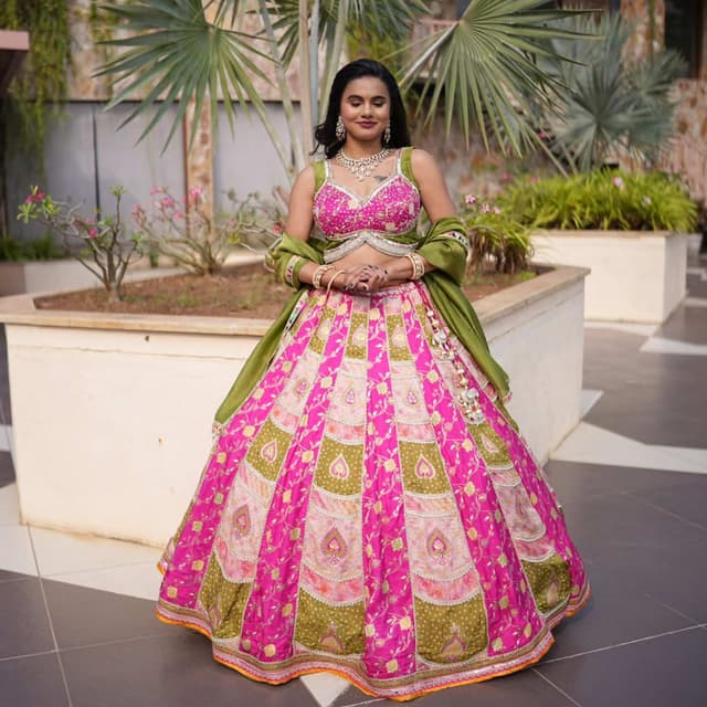Pink, Green, Gold Lehenga Choli