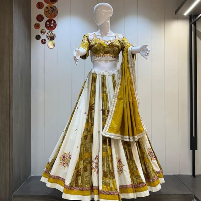 White, Yellow, Brown, and accents of Red and Green Lehenga Choli