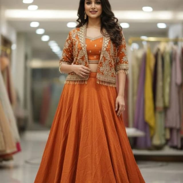 Orange, Gold Lehenga Choli with Jacket