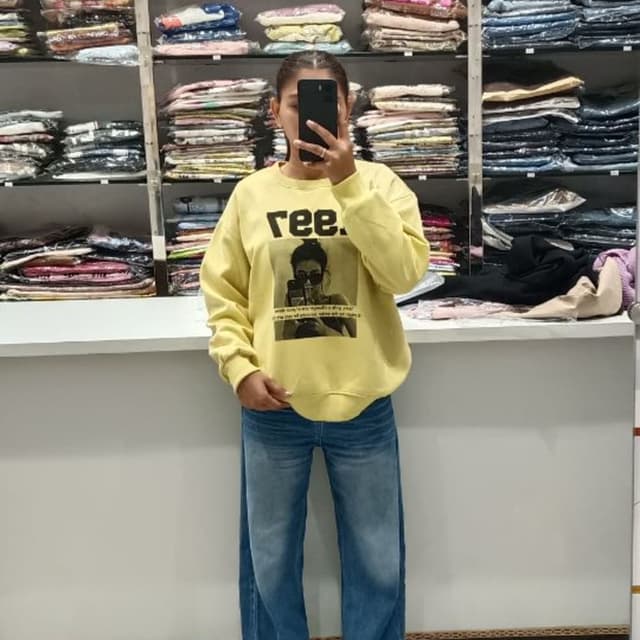 Yellow, Black, Blue Sweatshirt and Jeans