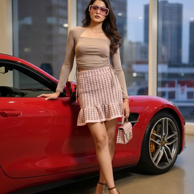 Beige, Pink, Brown Top and Skirt