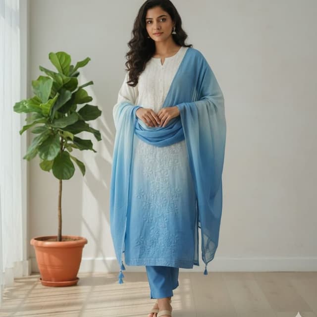 White and Blue Kurta with Pants and Dupatta