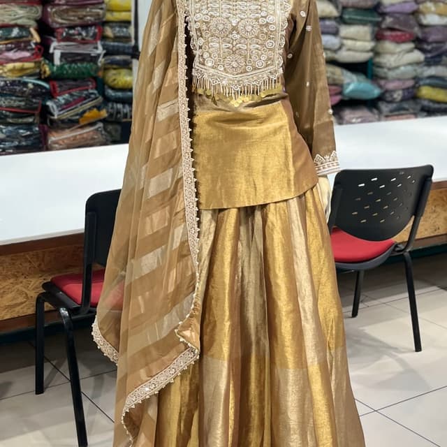 Gold, Beige Lehenga Choli