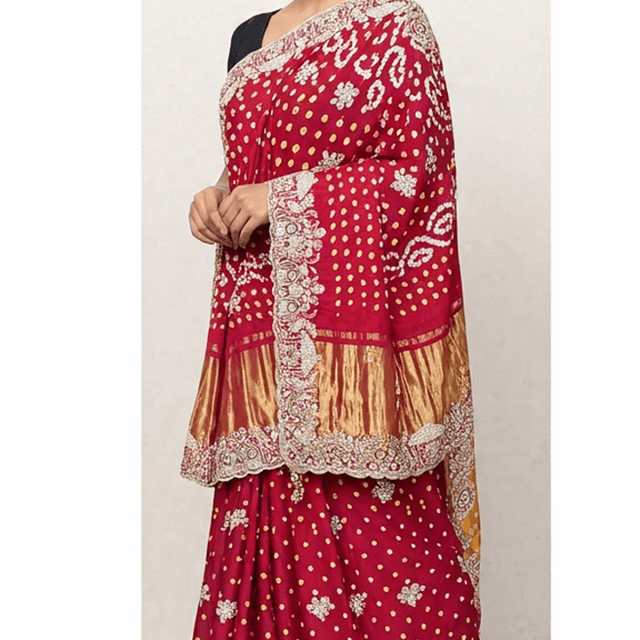 Maroon, Gold, and green , yellow accents Saree bhandni