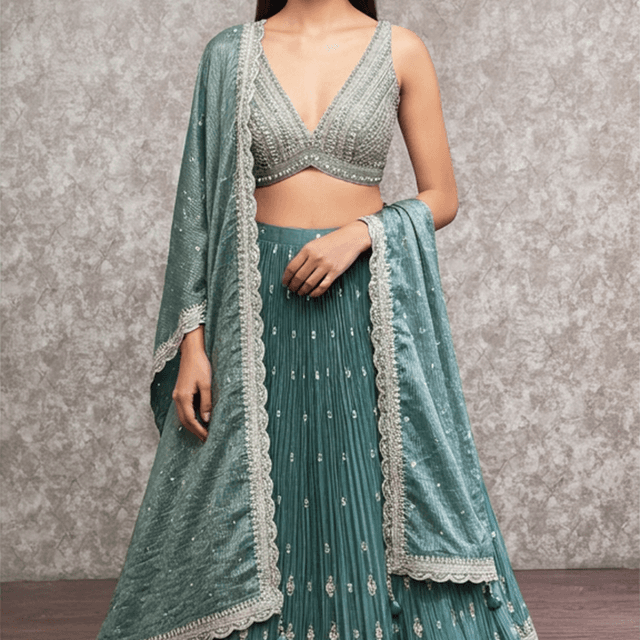 Teal, Silver Lehenga Choli