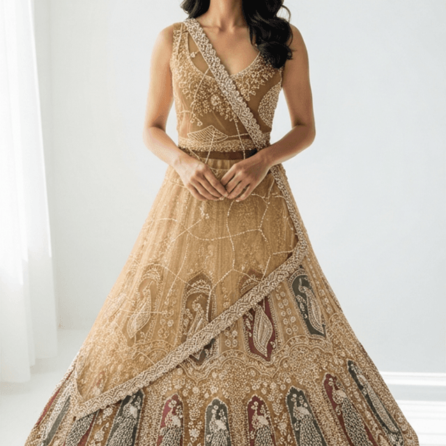 Golden Brown, Maroon, Green, White Lehenga Choli