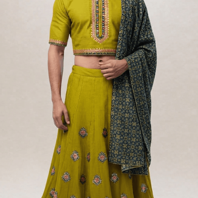 Olive green, navy blue, pink, and gold Lehenga Choli